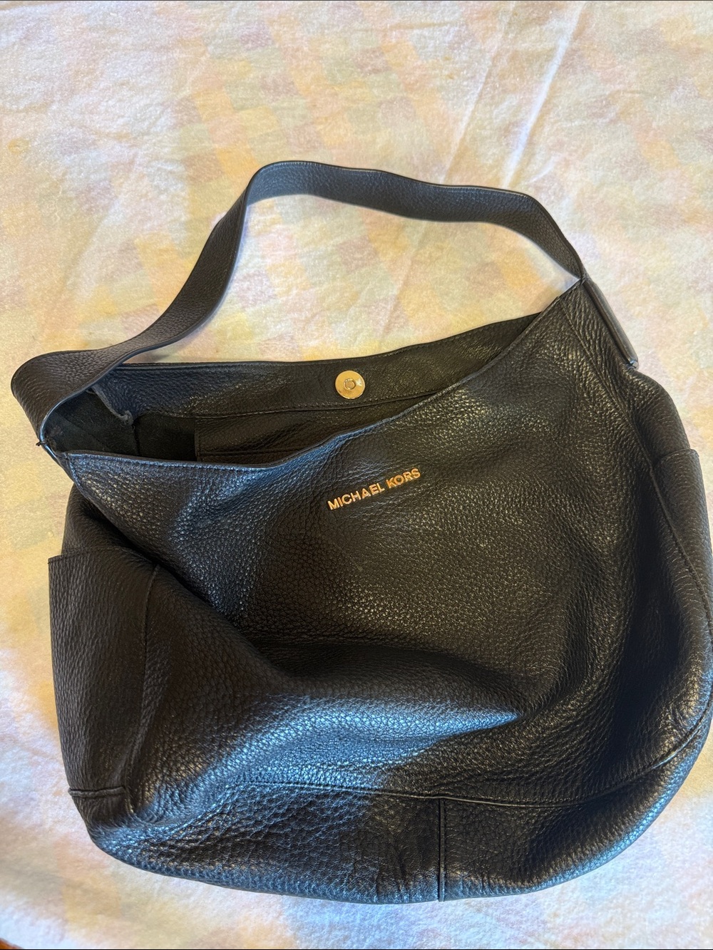 Michael Kors Black Pebbled Leather Shoulder Hobo with Gold Logo Detail
